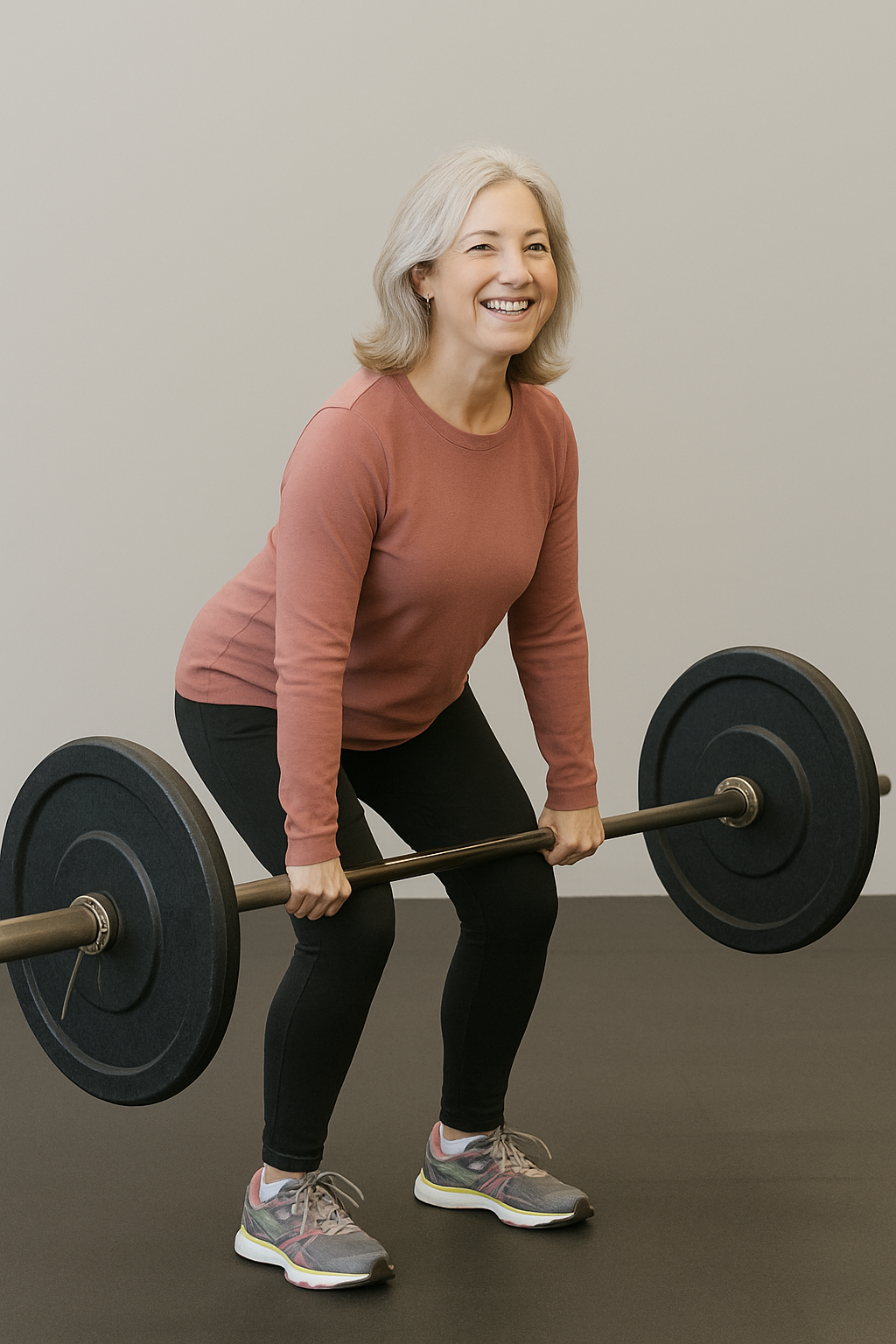 Confident older woman performing a deadlift with proper form, smiling while strength training